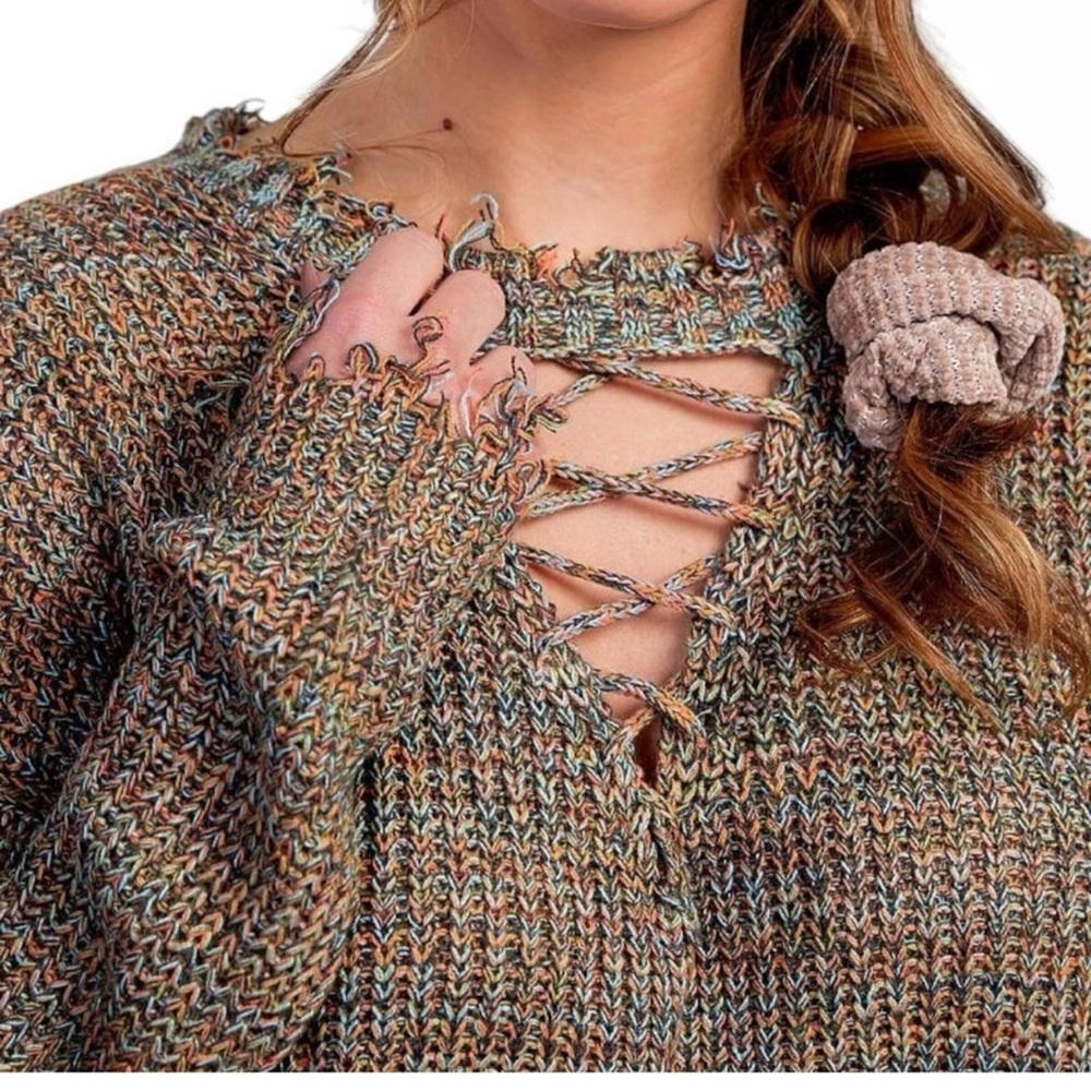 Daytrip Buckle Distressed Strappy V-Neck Sweater Multi-Color Knit Boho S Small - Picture 2 of 7